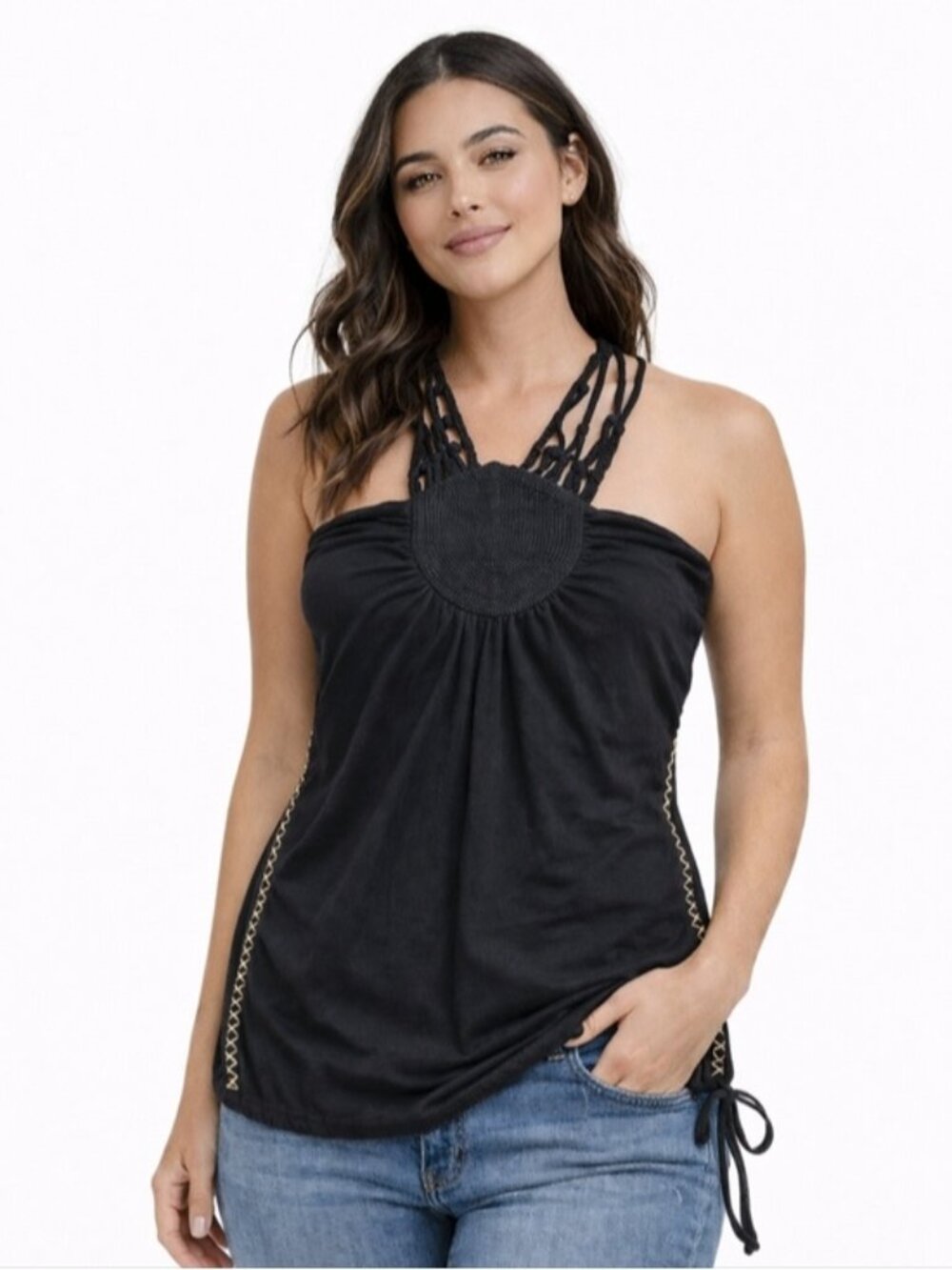 Roxy Black Tank Top Women’s Large Boho Strappy Back Tie Sides Stretch Top